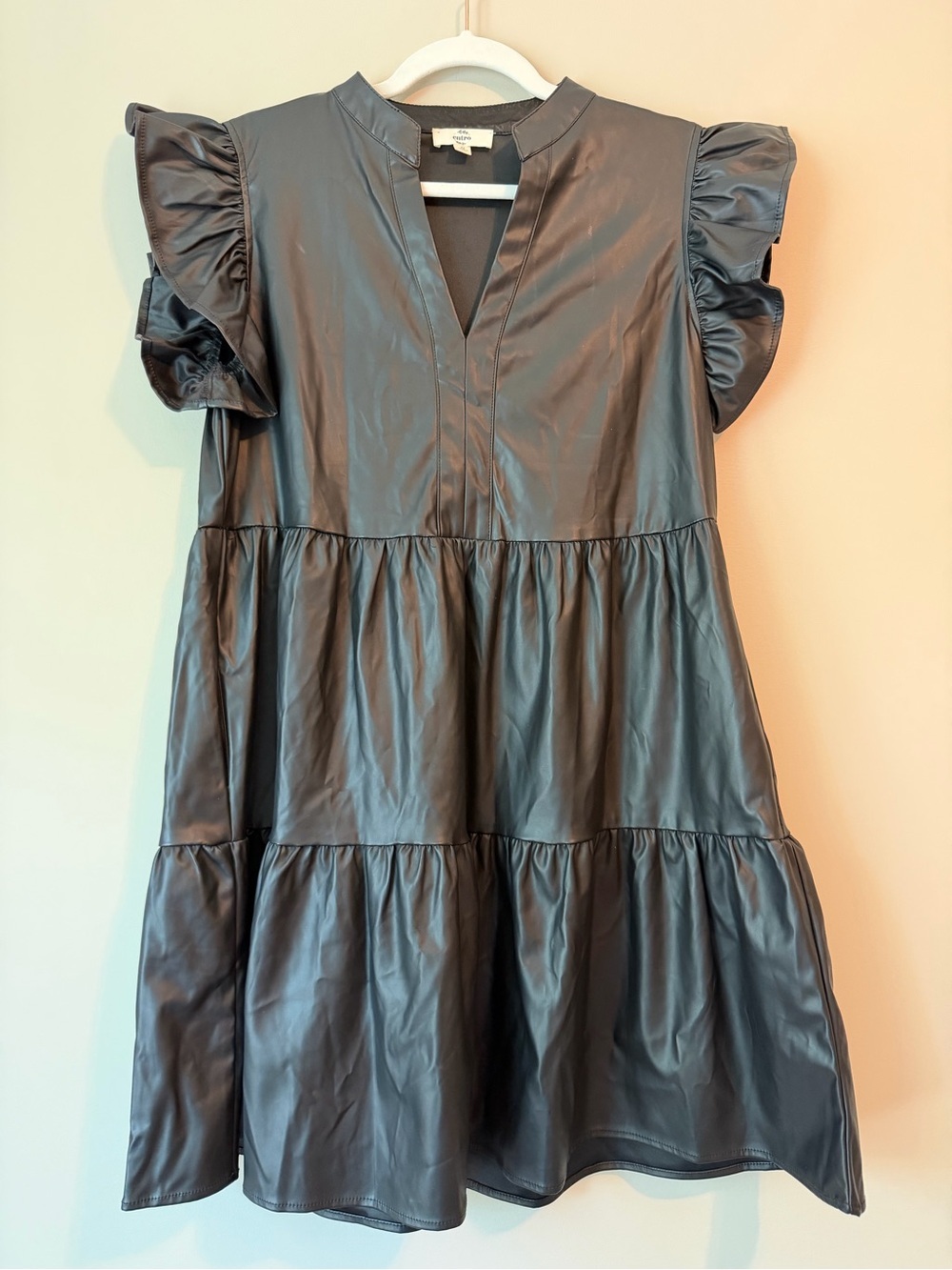 Entro Black Faux Leather Ruffle Sleeve Tiered Mini Dress Sz M VGUC